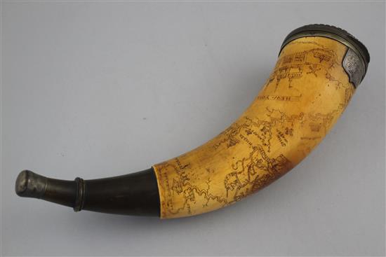 An American Revolution scrimshaw horn powder flask, 11in.